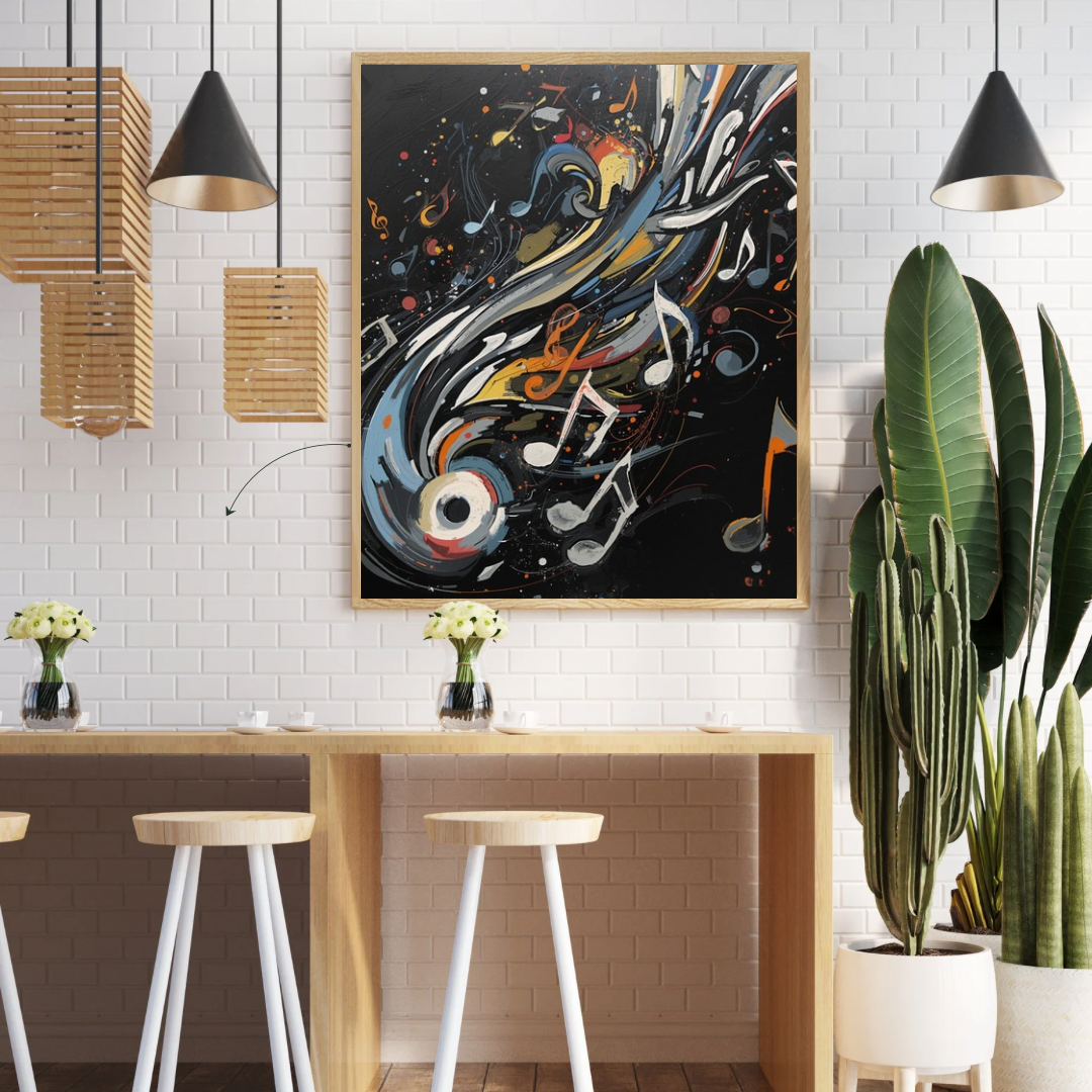 Abstract muziek explosie canvas schilderij aan witte muur in hobbyruimte met houten tafels en hangende lampen — noten vinyl wanddecoratie
