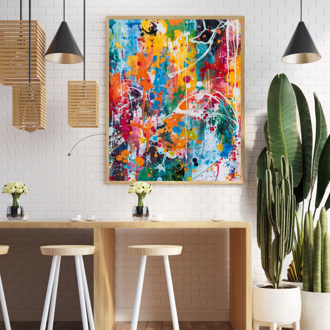 Abstract kleurenveld canvas schilderij aan witte muur in hobbyruimte met houten tafels en hangende lampen — expressionistisch wanddecoratie
