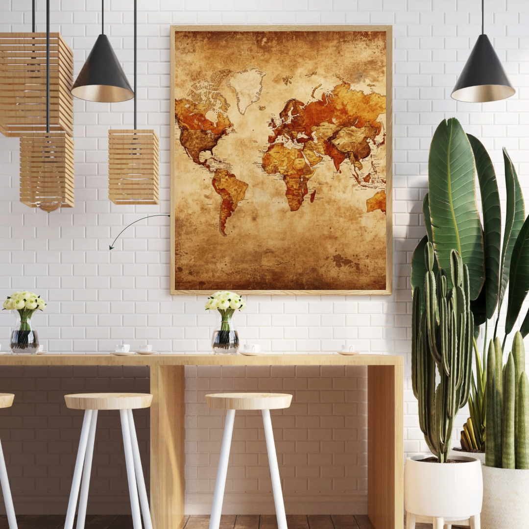 Antieke wereldkaart canvas schilderij aan witte muur in hobbyruimte met houten tafels en hangende lampen — sepia avontuur wanddecoratie
