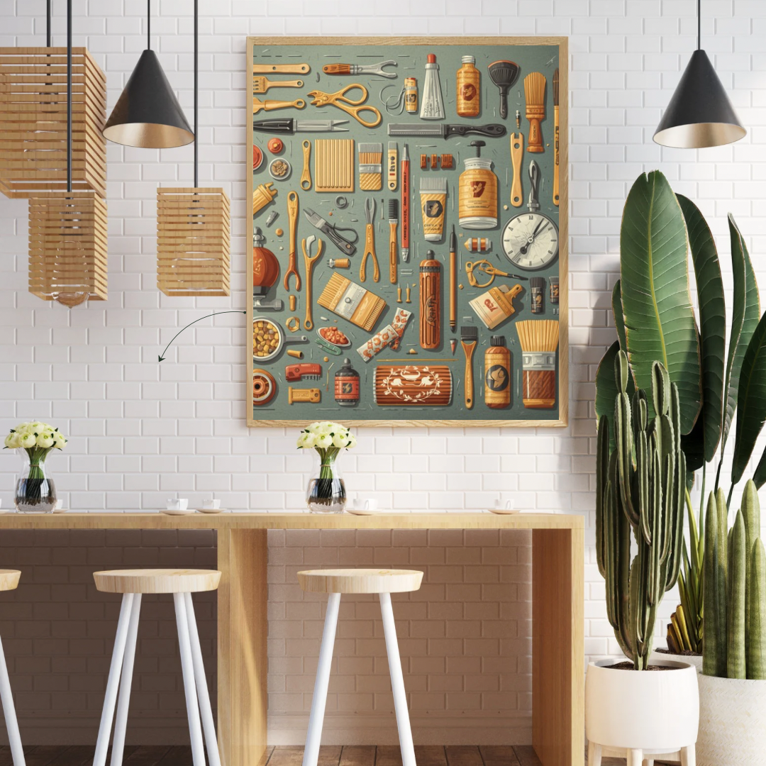 Vintage gereedschapsbord canvas schilderij aan witte muur in hobbyruimte met houten tafels en hangende lampen — ambacht wanddecoratie
