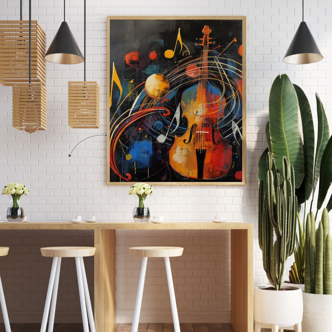 Abstracte viool canvas schilderij aan witte muur in hobbyruimte met houten tafels en hangende lampen — muzikaal wanddecoratie
