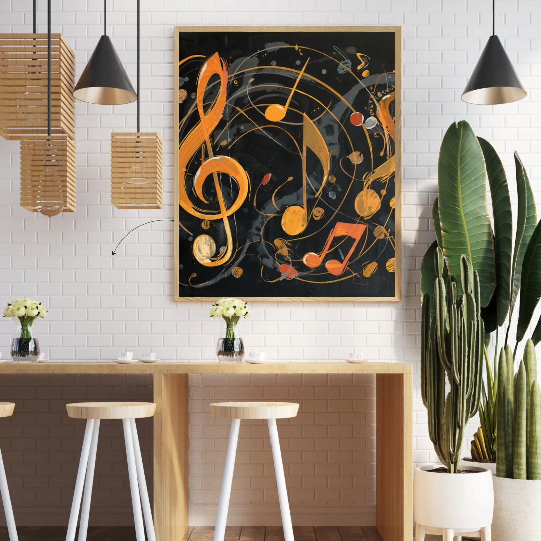 Gouden muzieksleutel canvas schilderij aan witte muur in hobbyruimte met houten tafels en hangende lampen — noten wanddecoratie
