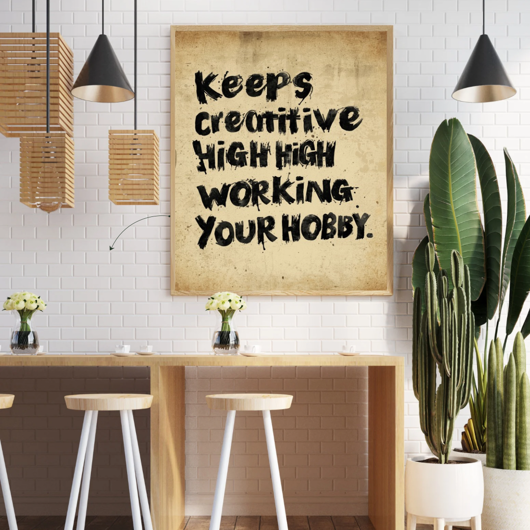 Vintage quote canvas schilderij aan witte muur in hobbyruimte met houten tafels en hangende lampen — keep creative wanddecoratie
