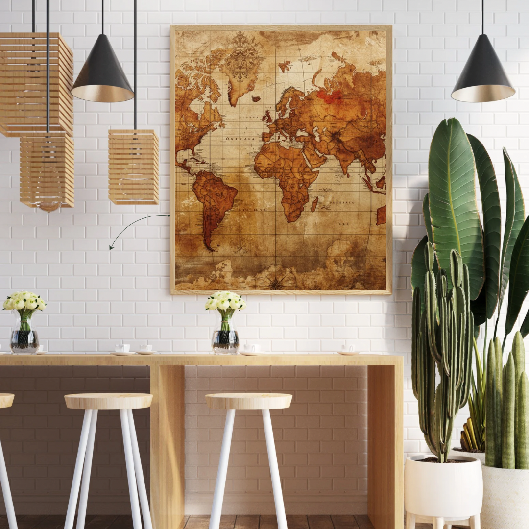 Verweerde fantasiekaart canvas schilderij aan witte muur in hobbyruimte met houten tafels en hangende lampen — antiek wanddecoratie
