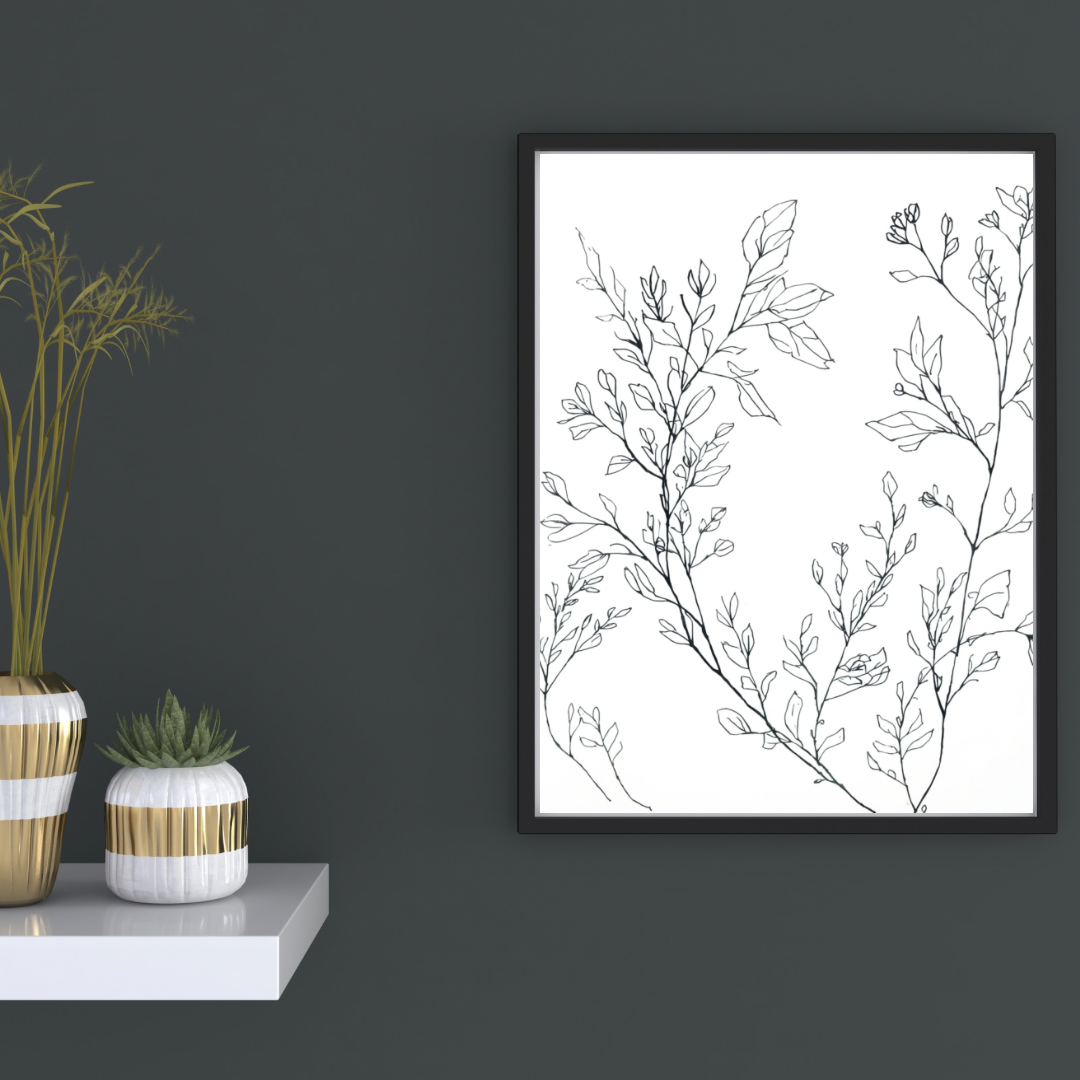 Botanische takken canvas schilderij in zwarte lijst aan donkergrijze muur in hal met decoratieve vaas en boeken — minimalistisch wanddecoratie
