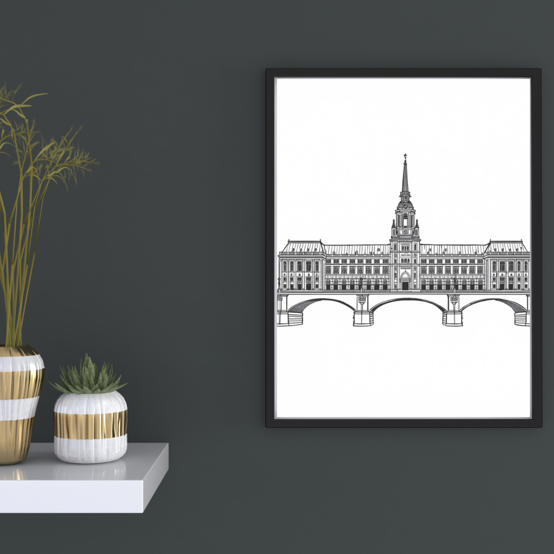 Klassiek stadhuis architectuur canvas schilderij in zwarte lijst aan donkergrijze muur in hal met decoratieve vaas en boeken — historisch wanddecoratie
