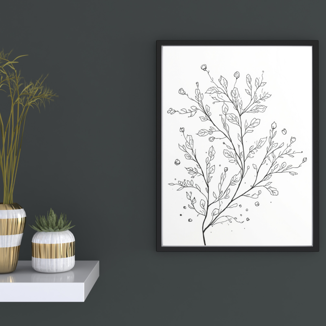 Botanische tak canvas schilderij met fijne zwarte takjes en grijze bloesemknoppen in zwarte lijst aan donkergrijze muur in hal — natuurlijk wanddecoratie
