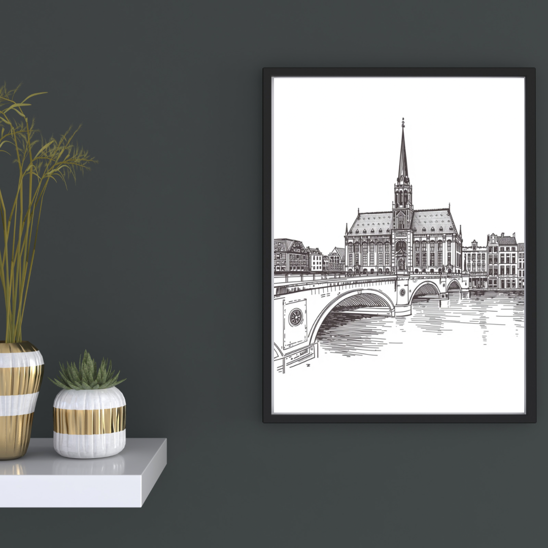 Kathedraal schets canvas schilderij met historische brug en rivier in zwarte lijst aan donkergrijze muur in hal met decoratieve vaas — klassiek wanddecoratie
