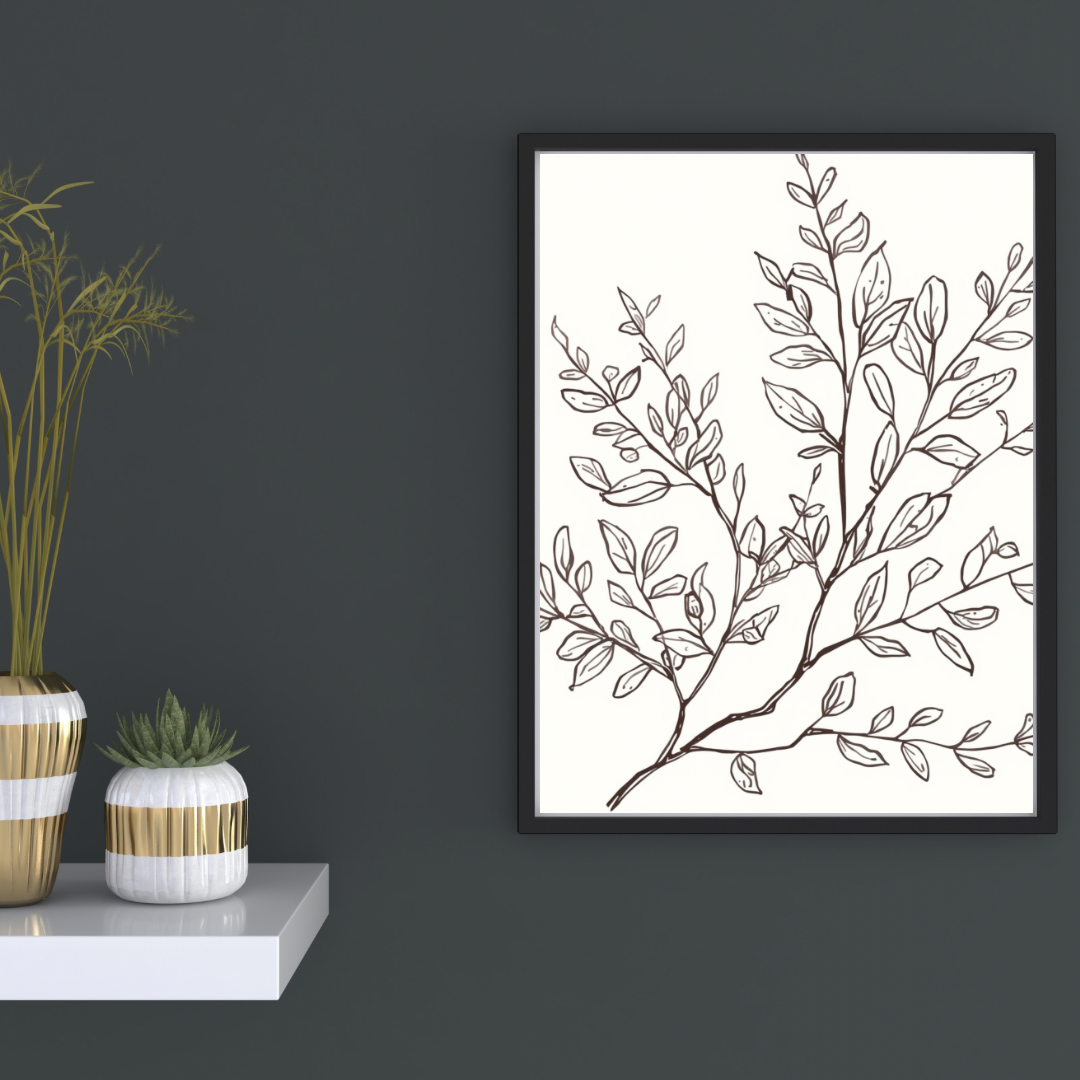 Botanische takken schets canvas schilderij met fijne blaadjes in zwarte lijst aan donkergrijze muur in hal met decoratieve vaas en kaarsen — natuurlijk wanddecoratie
