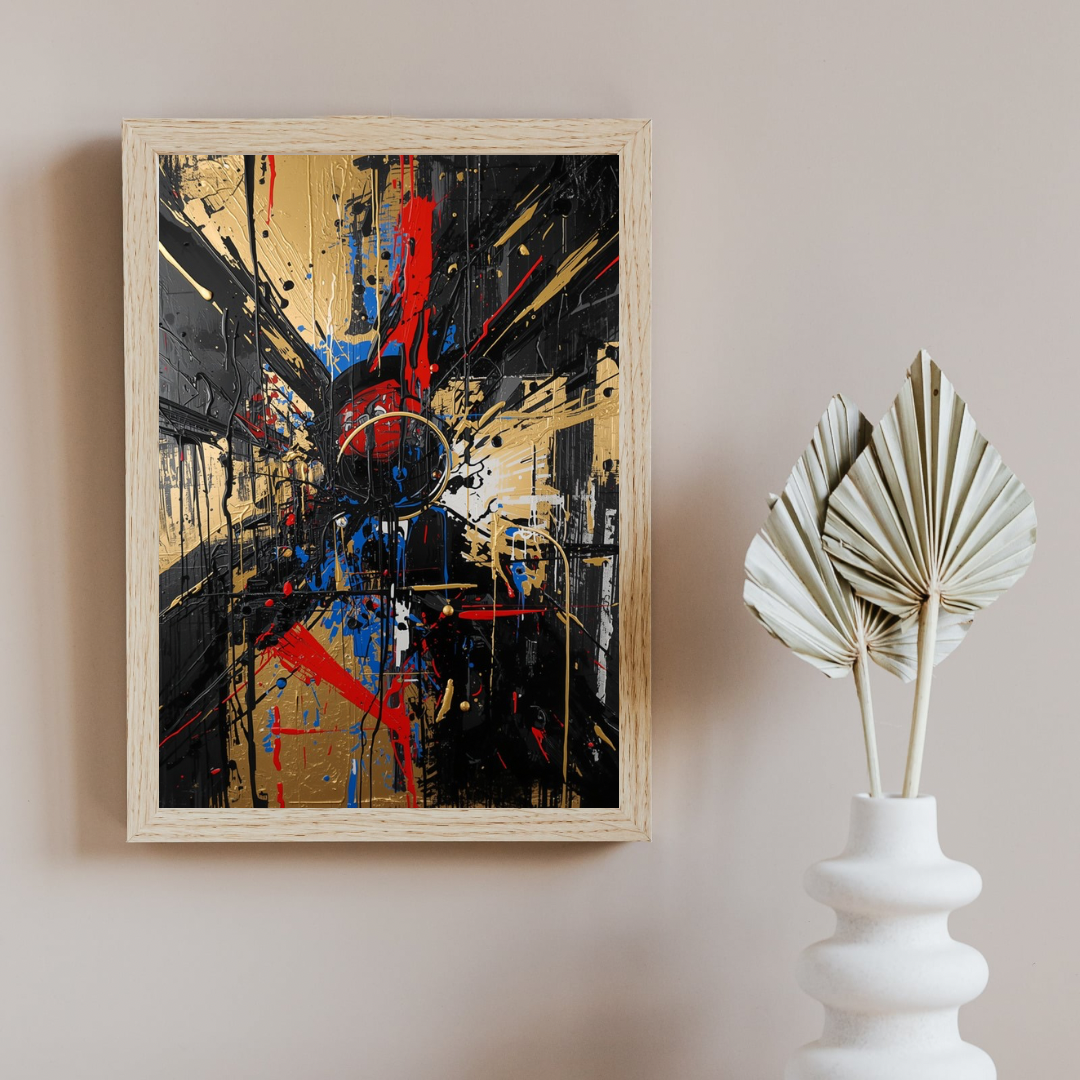 Abstract expressionistisch canvas schilderij met zwarte, gouden, rode en blauwe penseelstreken in witte lijst aan witte muur in gang met witte vaas — gedurfd wanddecoratie
