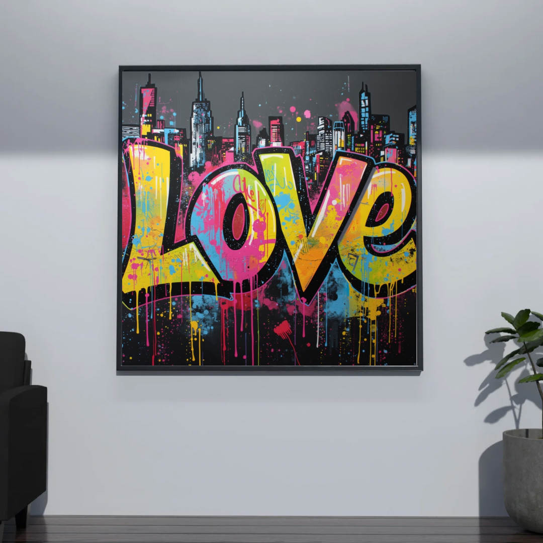 LOVE graffiti neon canvas schilderij in zwarte lijst aan donkergrijze muur in gang met zwarte bank en kamerplant — urban wanddecoratie
