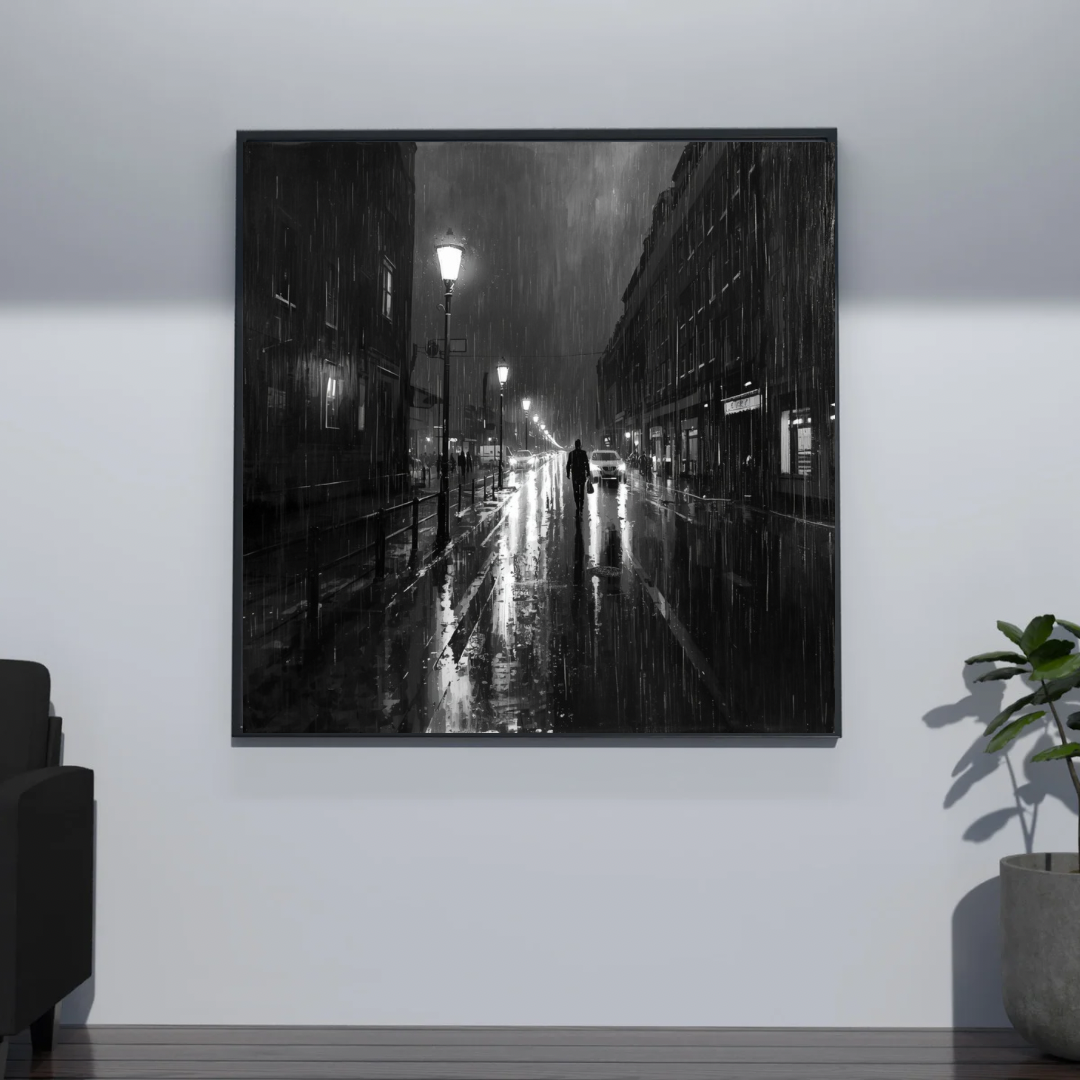 Zwart-wit Parijse regenstraat canvas schilderij met lantaarnpalen en natte klinkers in zwarte lijst aan witte muur in gang met kamerplant — filmisch wanddecoratie
