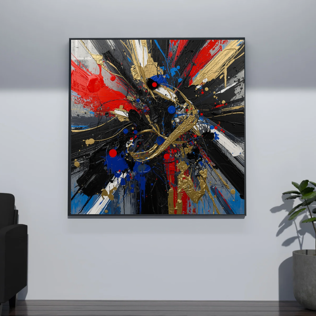 Explosief abstract canvas schilderij aan grijze muur in gang met zwarte meubels en plant — goud rood wanddecoratie
