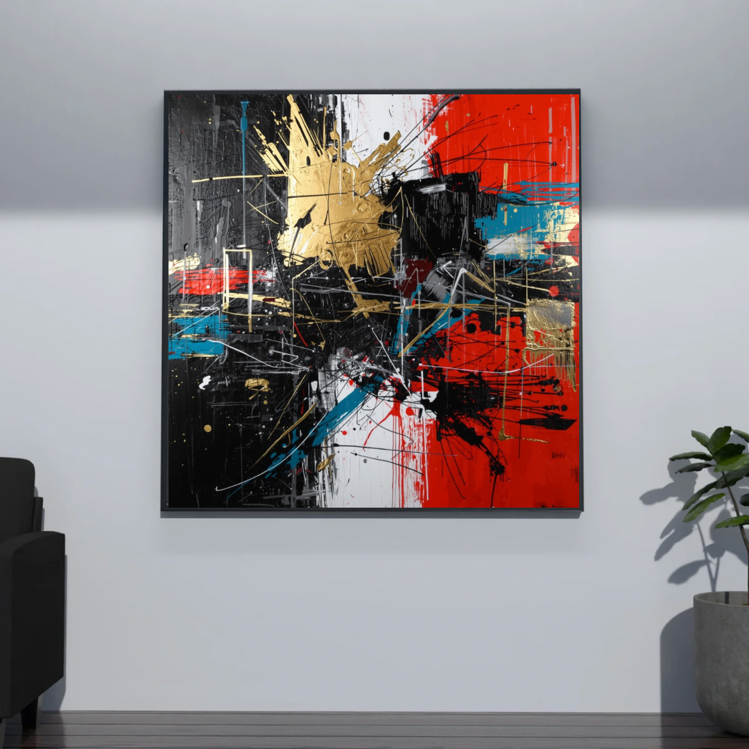Abstract expressionistisch rood zwart goud canvas schilderij in zwarte lijst aan donkergrijze muur in gang met zwarte bank en kamerplant — gedurfd wanddecoratie
