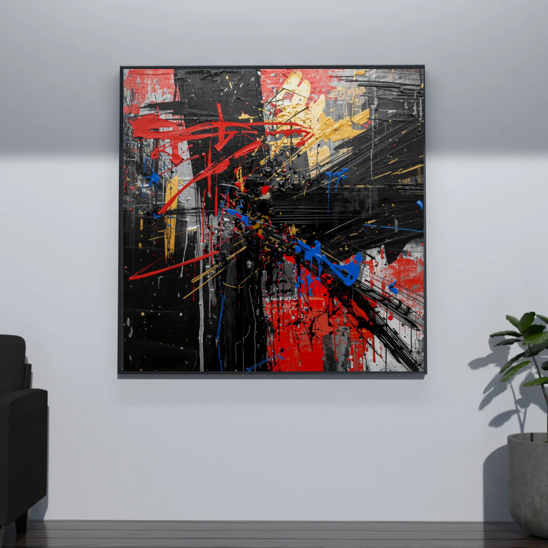 Abstract chaos canvas schilderij met wilde zwarte, rode, blauwe en gele lijnen in zwarte lijst aan donkergrijze muur in gang met zwarte bank — rauw wanddecoratie
