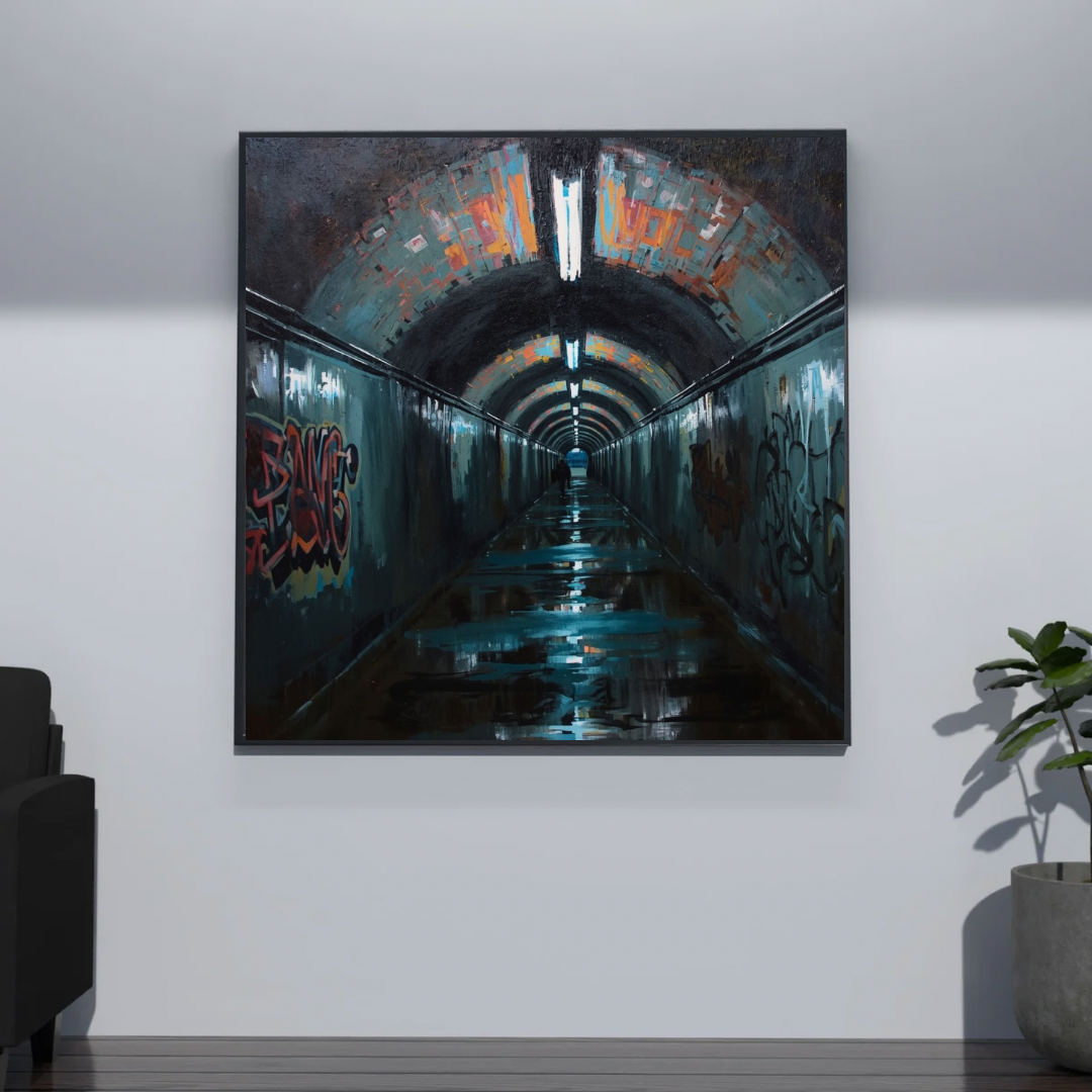 Graffiti tunnel canvas schilderij met turquoise muren en neon oranje licht in zwarte lijst aan donkergrijze muur in gang met zwarte bank — urban wanddecoratie
