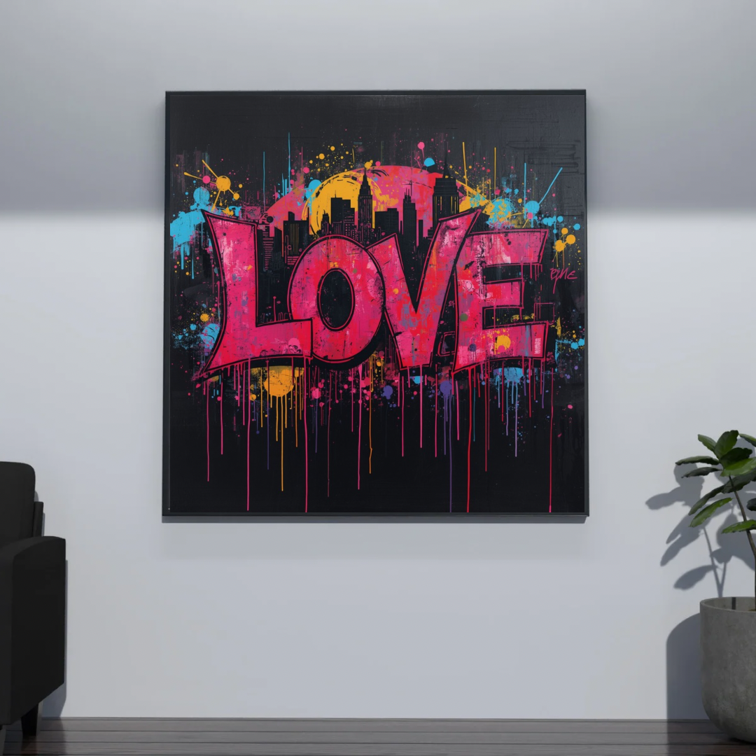 Neon roze LOVE graffiti canvas schilderij met kleurrijke spatten en skyline in zwarte lijst aan donkergrijze muur in gang met zwarte bank — bold wanddecoratie
