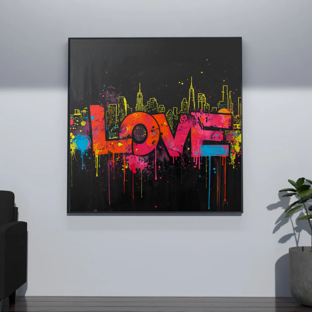 Multicolor LOVE graffiti canvas schilderij met neon gele skyline en druipende verf in zwarte lijst aan donkergrijze muur in gang met zwarte bank — urban wanddecoratie
