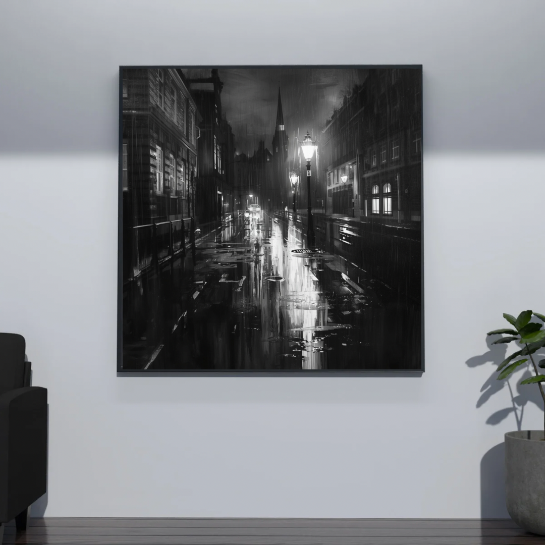 Zwart-wit middeleeuwse steegstraat canvas schilderij met lantaarnpalen en natte klinkers in zwarte lijst aan donkergrijze muur in gang met zwarte bank — sfeervol wanddecoratie
