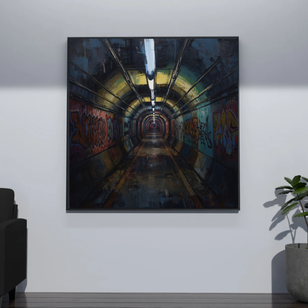 Industriële graffiti tunnel canvas schilderij met roestige muren en warm geel licht in zwarte lijst aan donkergrijze muur in gang met zwarte bank — rauw wanddecoratie
