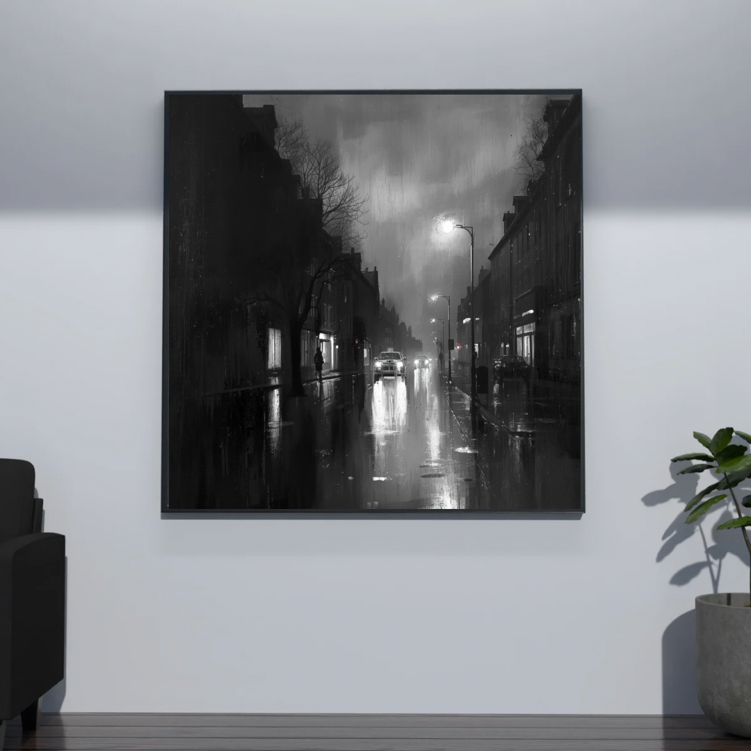 Zwart-wit mistige stadsstraat canvas schilderij met kale bomen en lantaarnpalen in zwarte lijst aan donkergrijze muur in gang met zwarte bank — sfeervol wanddecoratie

