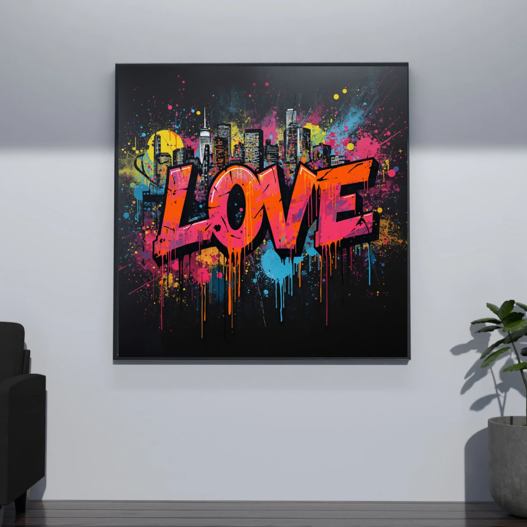 Oranje roze LOVE graffiti canvas schilderij met kleurrijke skyline in zwarte lijst aan donkergrijze muur in gang met zwarte bank — warm wanddecoratie
