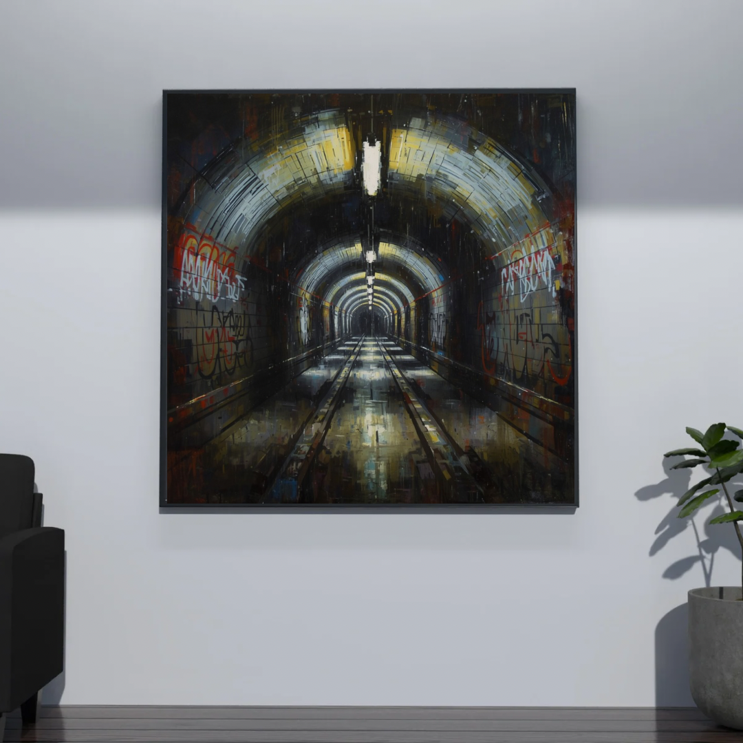 Metro tunnel perspectief canvas schilderij met warm geel licht in zwarte lijst aan donkergrijze muur in gang met zwarte bank en kamerplant — cinematisch wanddecoratie
