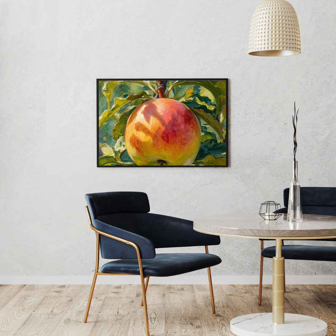 Appel stilleven canvas schilderij in zwarte lijst aan witte muur in eetkamer met blauwe stoelen en vloerlamp — impressionistisch wanddecoratie

