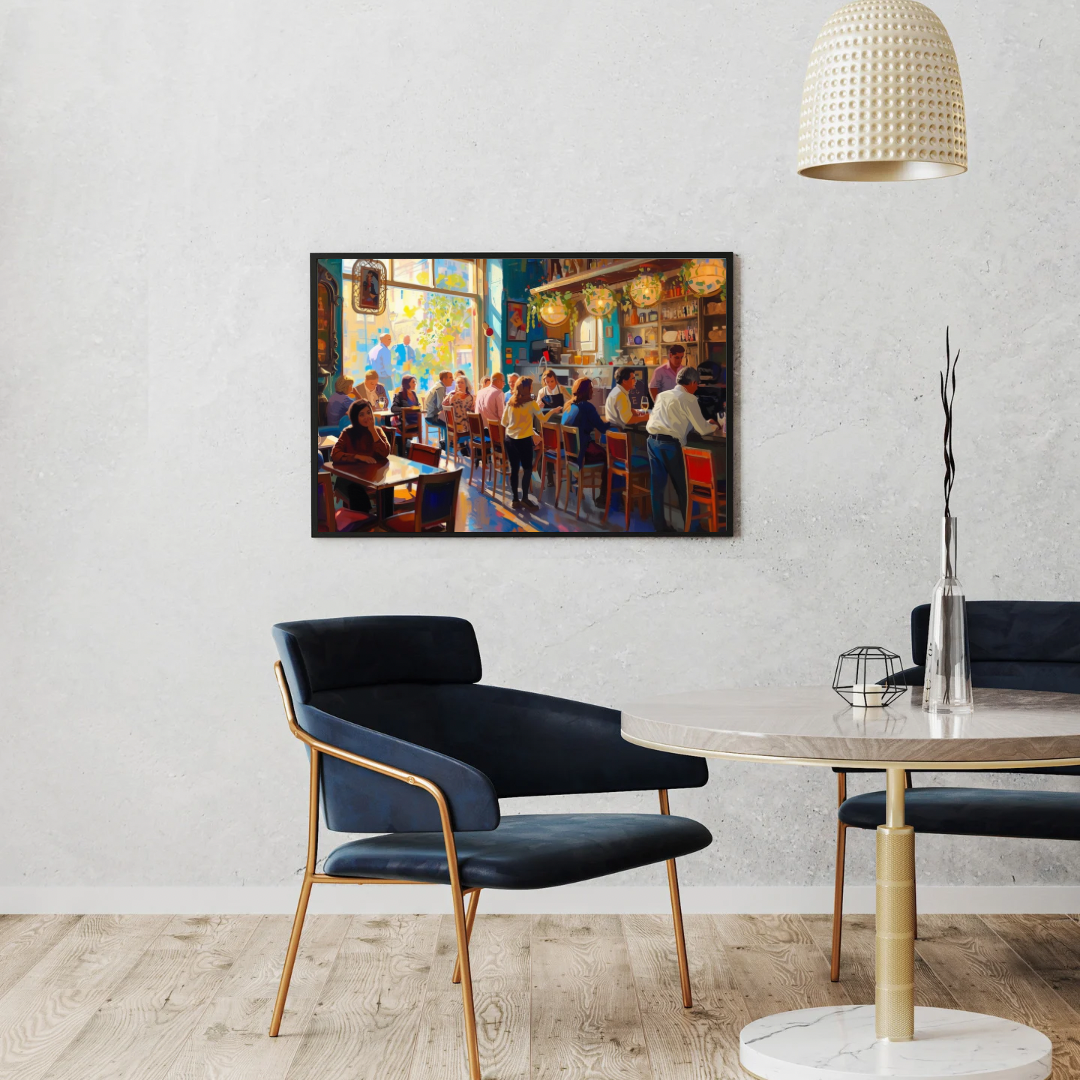 Restaurant interieur canvas schilderij in zwarte lijst aan witte muur in eetkamer met blauwe stoelen en vloerlamp — nachtleven wanddecoratie
