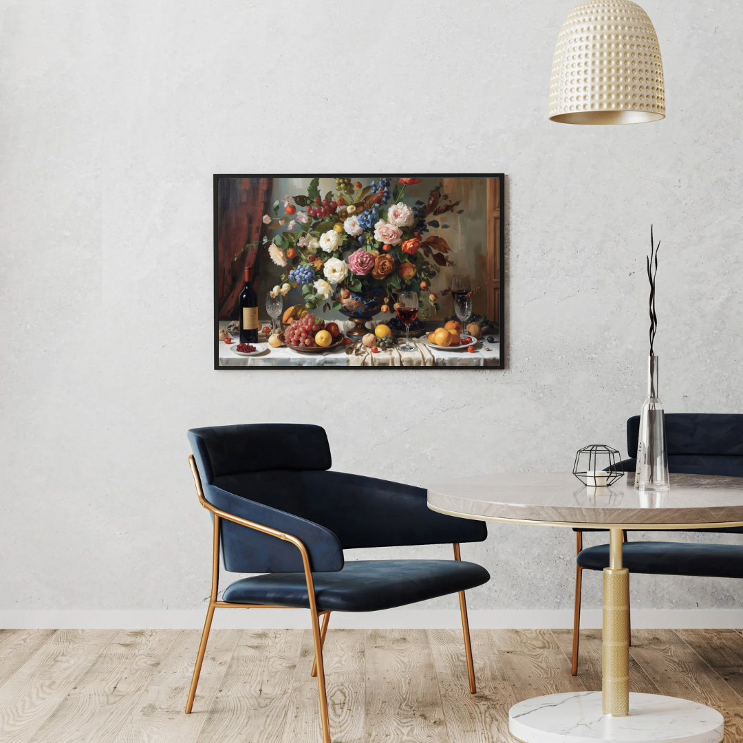 Klassiek bloemen stilleven canvas schilderij in donkere houten lijst aan witte muur boven eettafel met stoelen en hanglamp – eetkamer wanddecoratie
