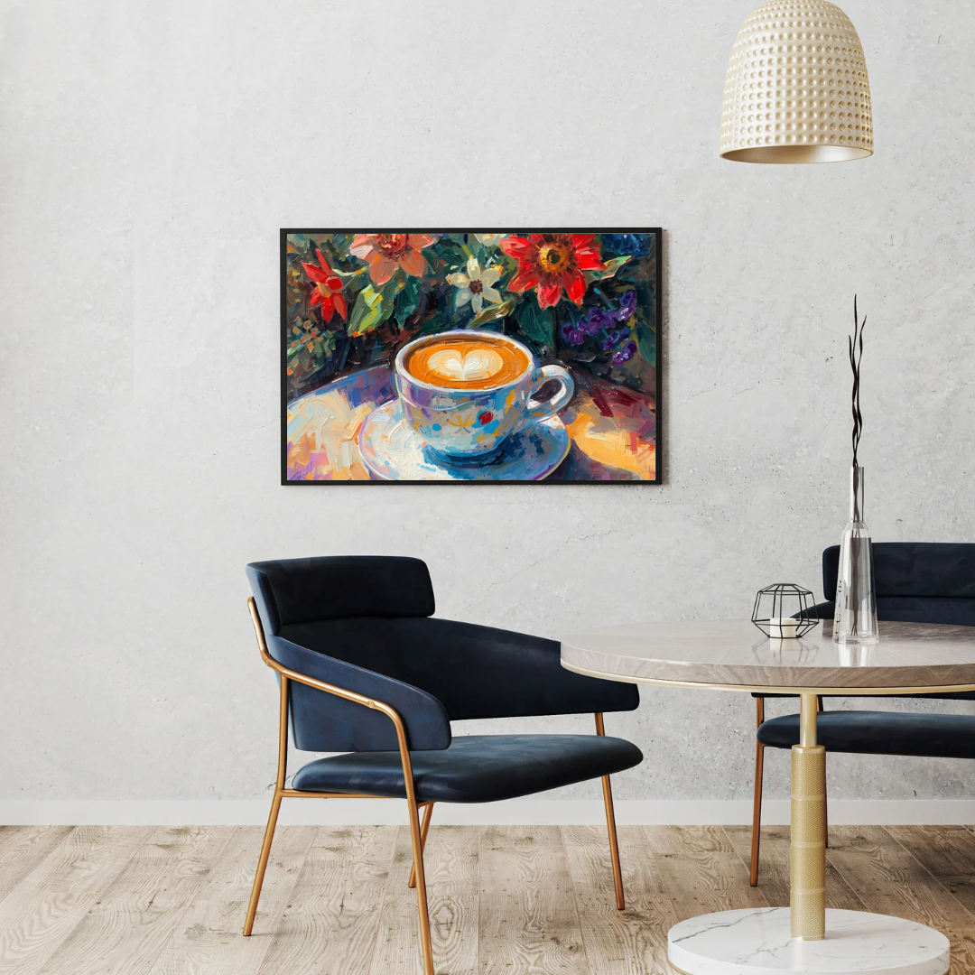 Koffie en bloemen canvas schilderij aan witte muur in eetkamer met zwarte stoelen en vloerlamp — impressionistisch wanddecoratie
