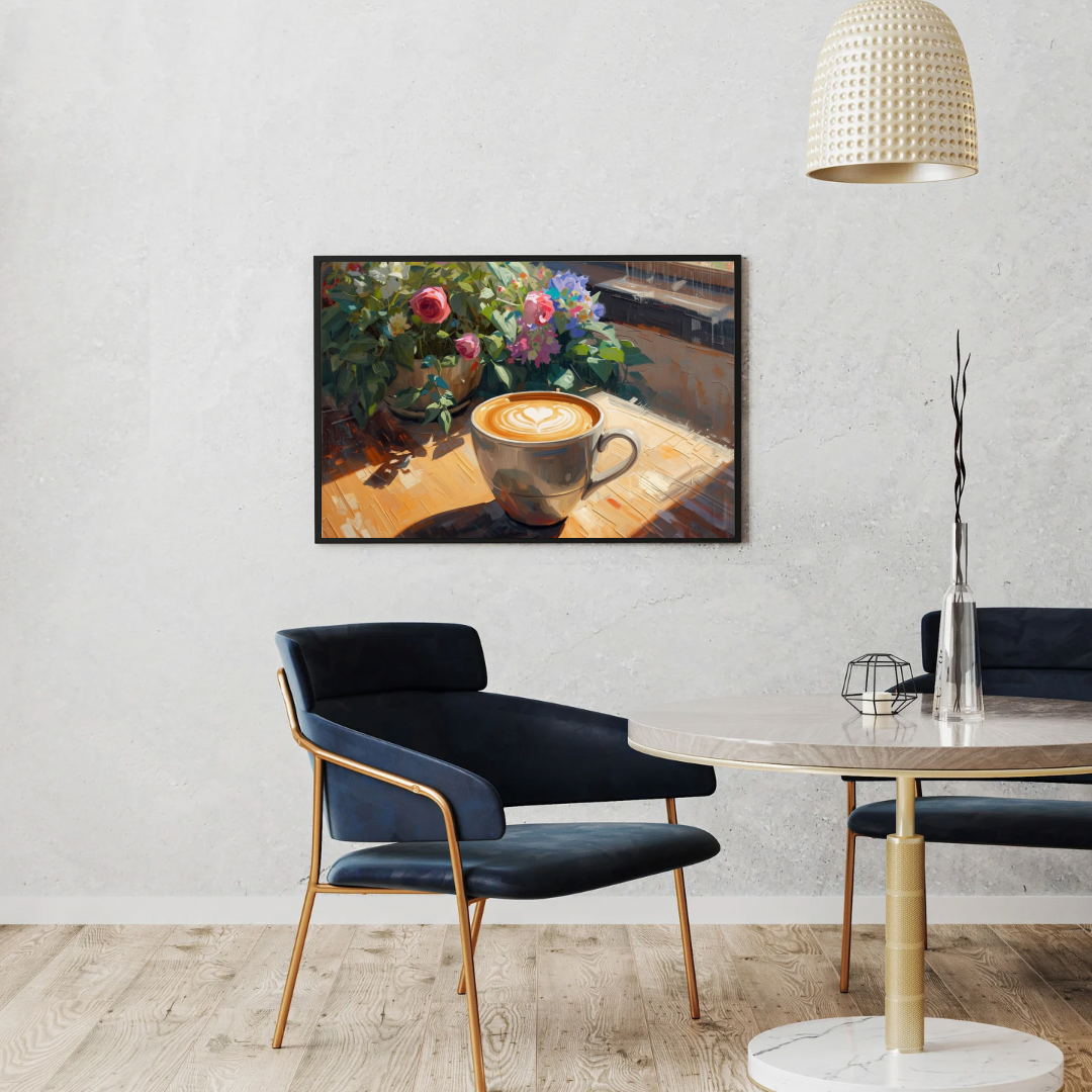 Koffie en bloemen stilleven canvas schilderij in lijst aan witte muur boven zwarte eettafel met stoelen en staande lamp – eetkamer wanddecoratie
