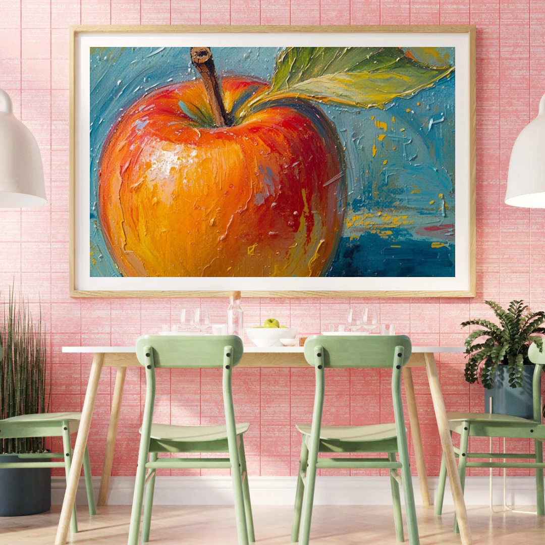 Impressionistisch rode appel canvas schilderij in witte lijst aan roze muur boven groene stoelen en eettafel met plant – eetkamer wanddecoratie

