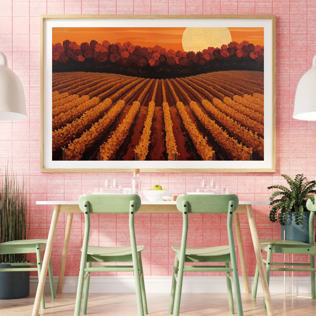 Wijngaard zonsondergang canvas schilderij in gouden lijst aan roze muur boven groene stoelen en witte eettafel met plant – eetkamer wanddecoratie
