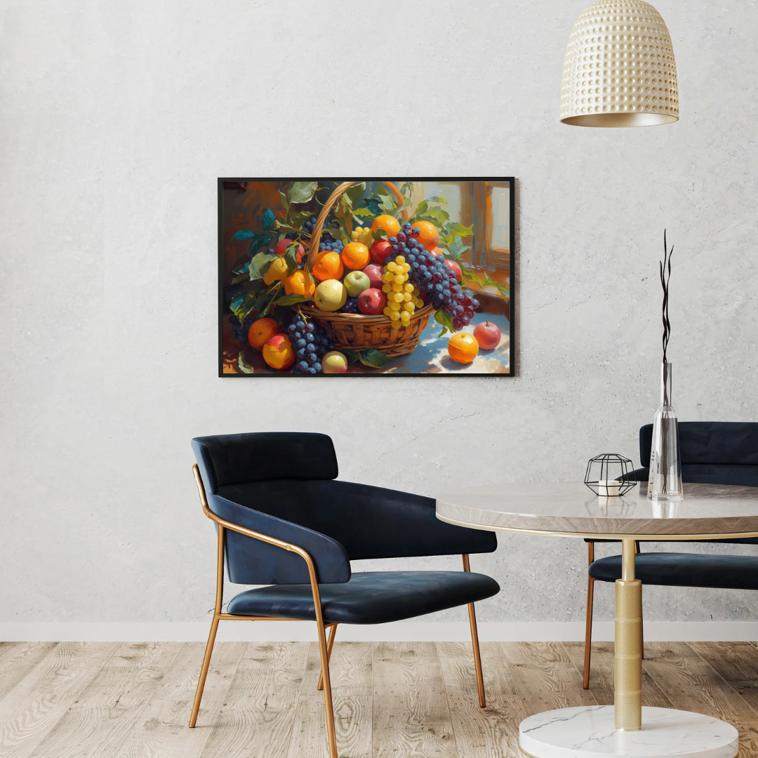 Klassiek fruit mand stilleven canvas schilderij met druiven en citrusfruit in lijst aan witte muur boven zwarte eettafel met stoelen en staande lamp – eetkamer wanddecoratie

