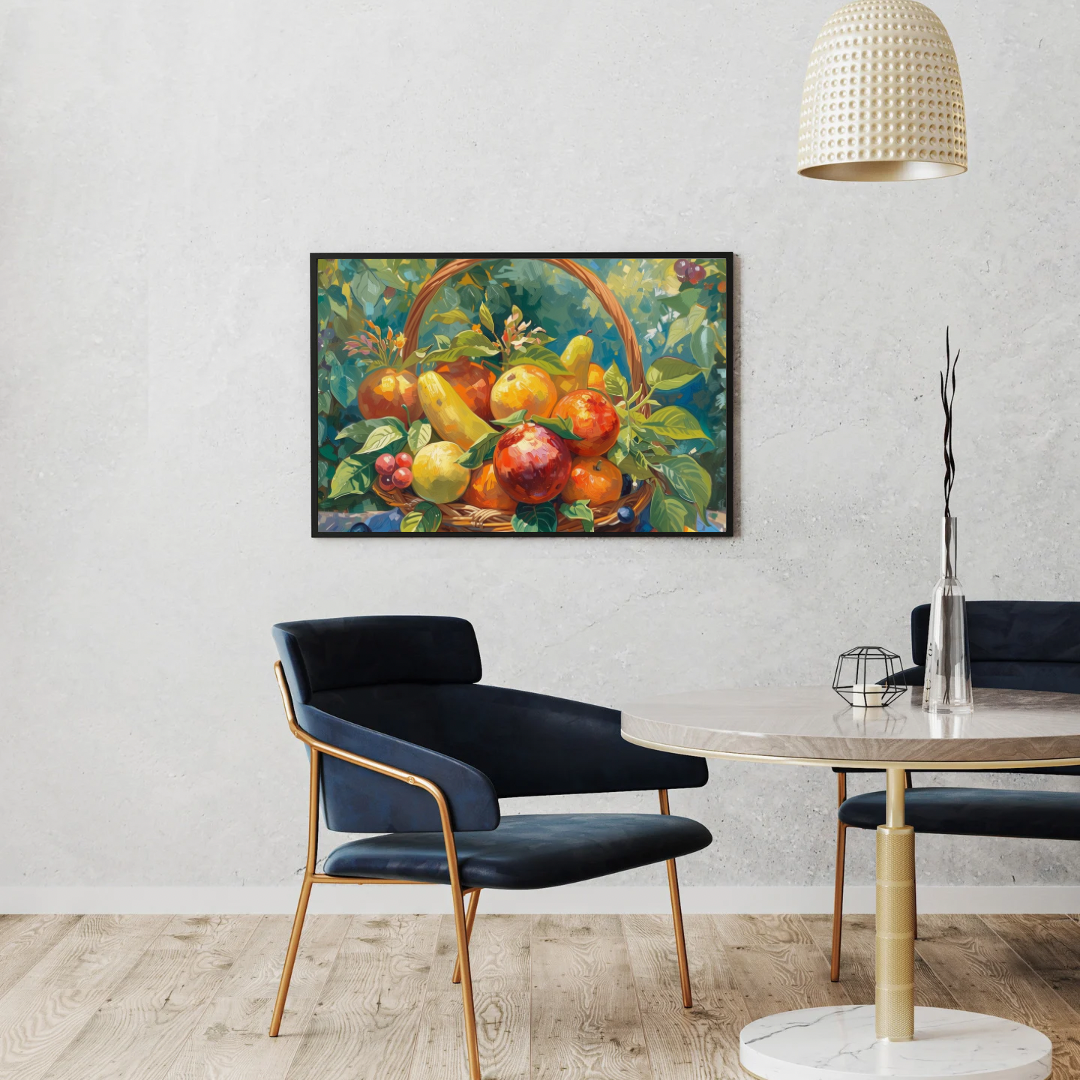Zomer fruit mand canvas schilderij met granaatappel en citrusfruit in lijst aan witte muur boven zwarte eettafel met stoelen en staande lamp – eetkamer wanddecoratie
