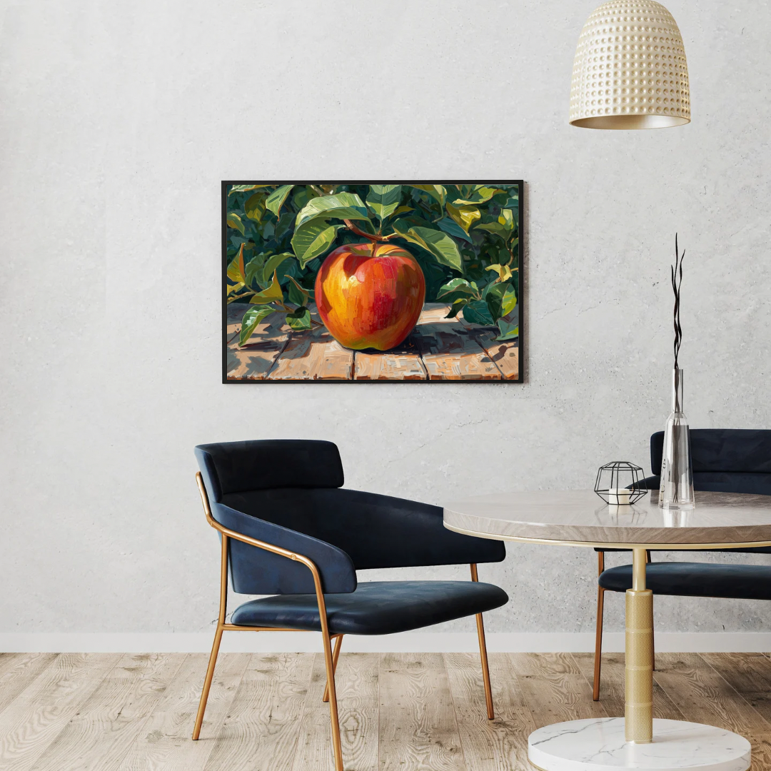 Appel tuin canvas schilderij met rijpe rode appel op houten plank en weelderig groen in lijst aan witte muur boven zwarte eettafel met stoelen en staande lamp – eetkamer wanddecoratie
