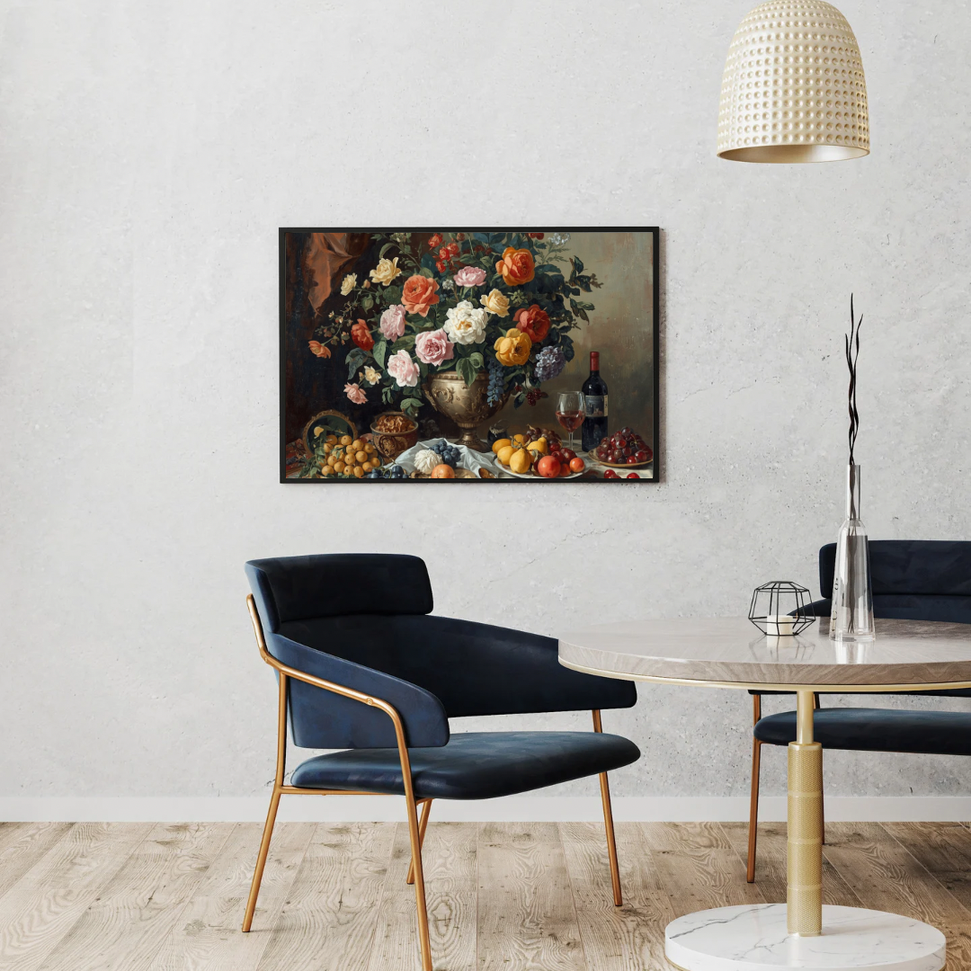 Barok bloemen stilleven canvas schilderij met kleurrijk boeket en druiven in lijst aan witte muur boven zwarte eettafel met stoelen en staande lamp – eetkamer wanddecoratie

