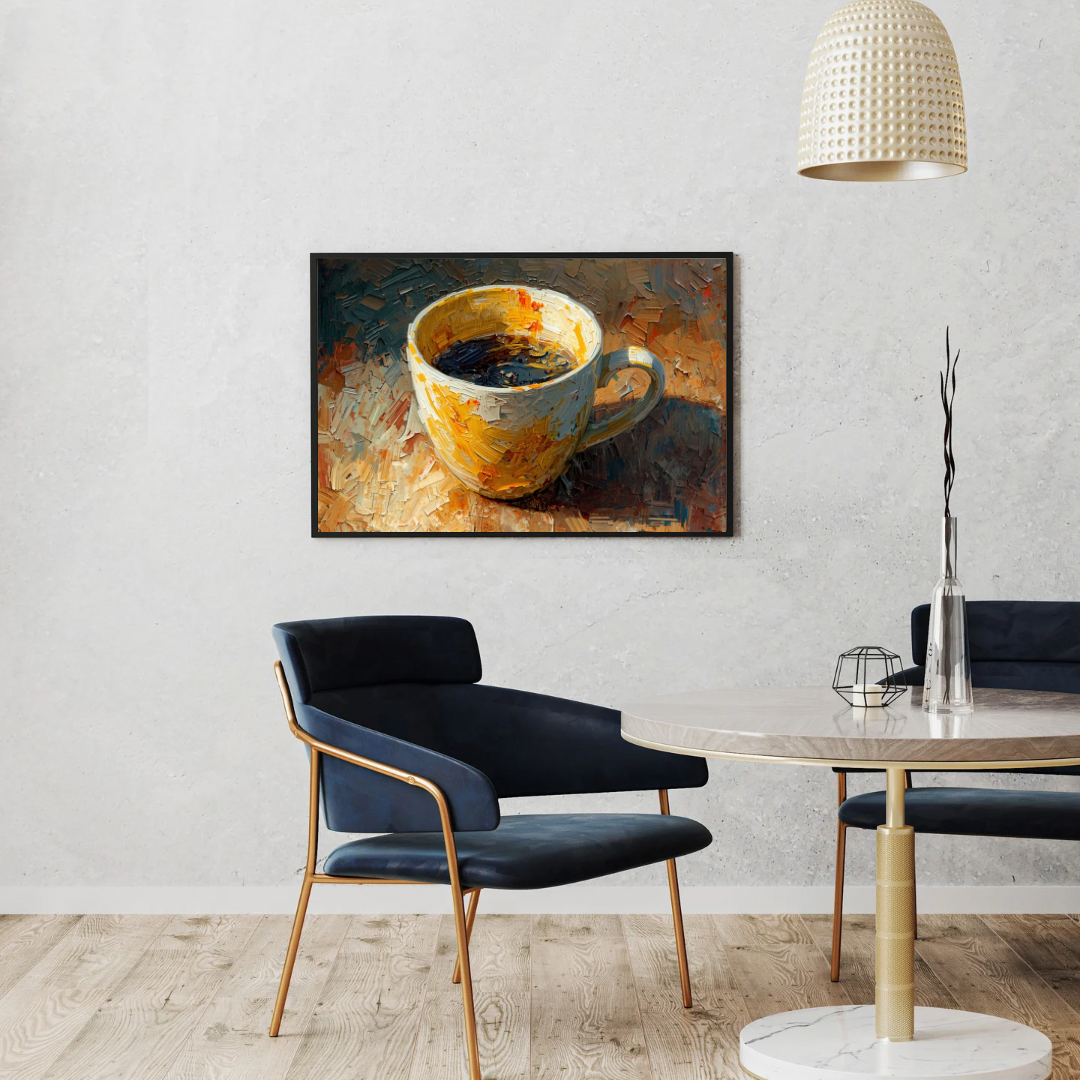 Impressionistisch koffiekop canvas schilderij in gouden en bruine tinten in lijst aan witte muur boven zwarte eettafel met stoelen en staande lamp – eetkamer wanddecoratie
