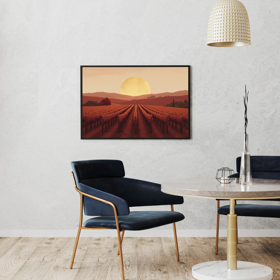 Lavendelveld zonsondergang canvas schilderij met paarse velden en gouden zon in lijst aan witte muur boven zwarte eettafel met stoelen en staande lamp – eetkamer wanddecoratie
