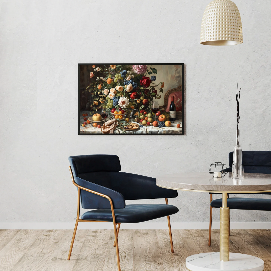 Klassiek bloemstilleven canvas schilderij in zwarte lijst aan witte muur boven zwarte eettafel met stoelen en vloerlamp — eetkamer wanddecoratie

