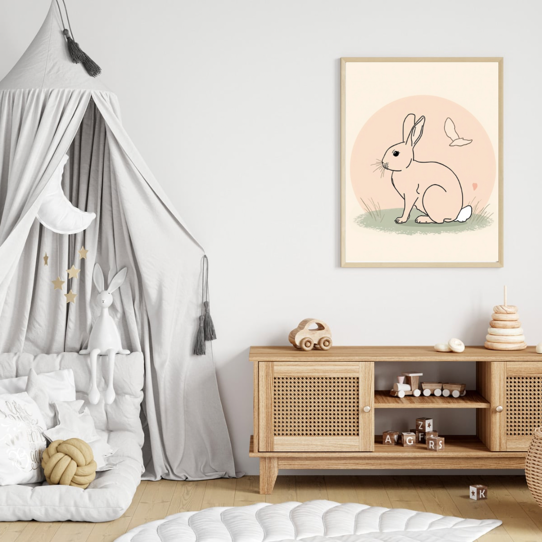 Lief konijntje aquarel cirkel canvas schilderij in naturel houten lijst aan witte muur boven houten commode met hemelbed in lichte babykamer — tijdloze wanddecoratie
