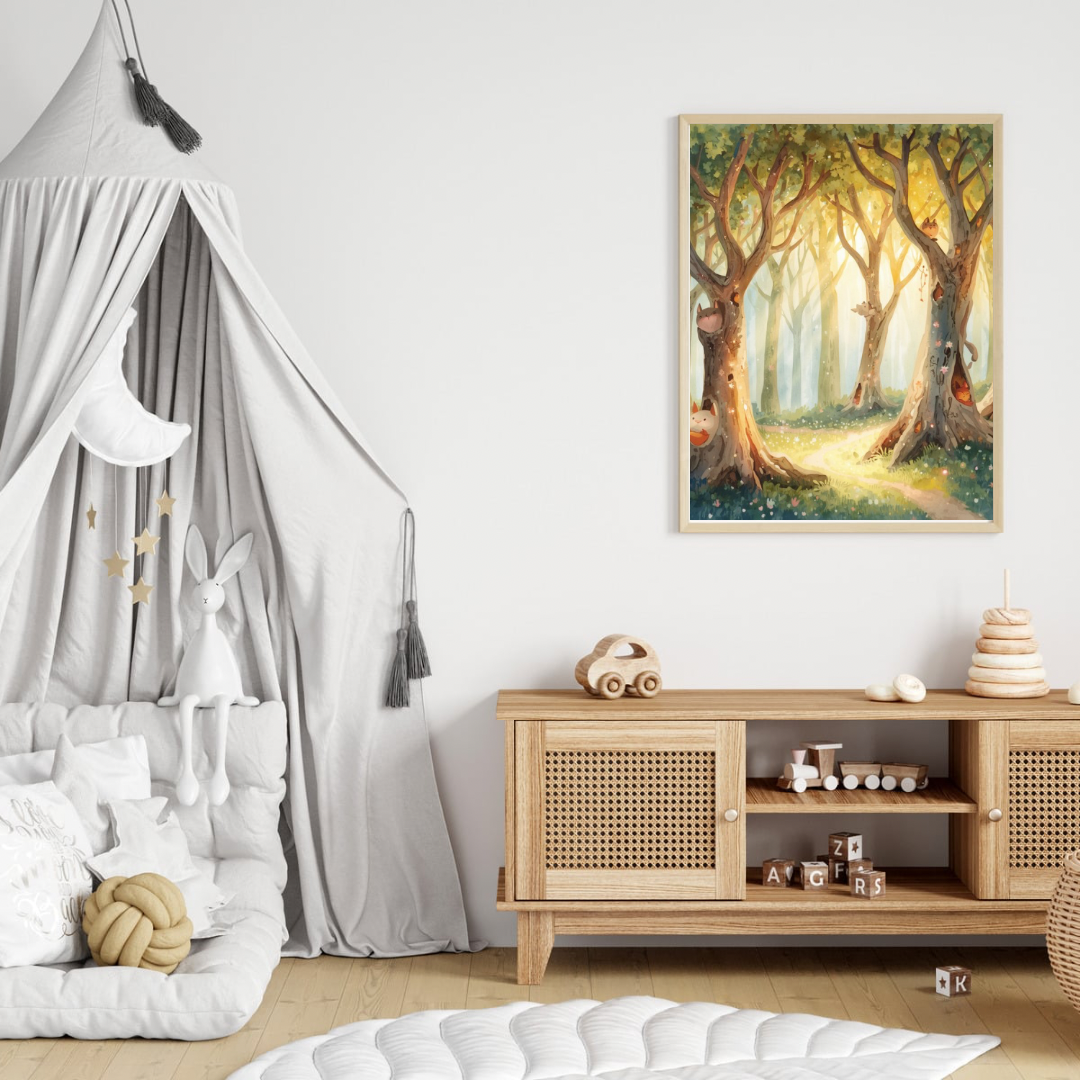 Magisch sprookjesbos met feeën canvas schilderij in donkere lijst aan witte muur boven houten commode met hemelbed in lichte babykamer — betoverende wanddecoratie
