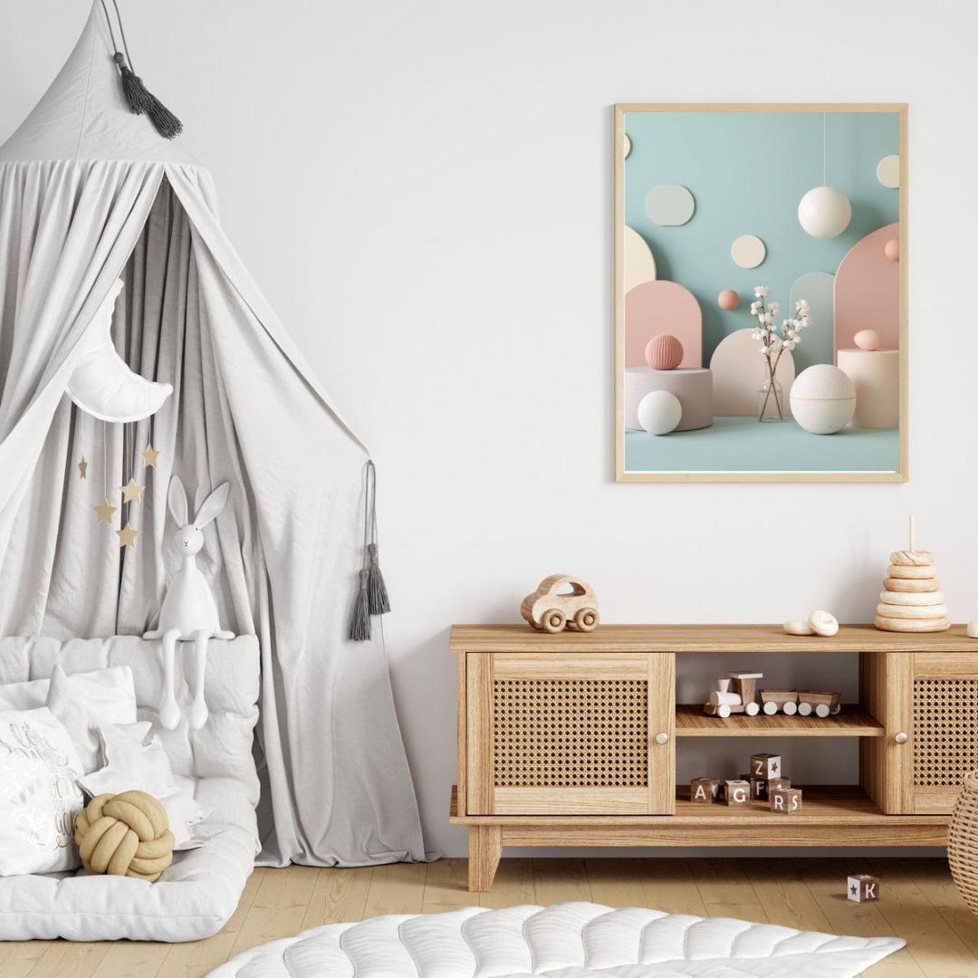 Moderne 3D pastel geometrie canvas schilderij in lichte lijst aan witte muur boven houten commode met hemelbed in moderne babykamer — stijlvolle wanddecoratie

