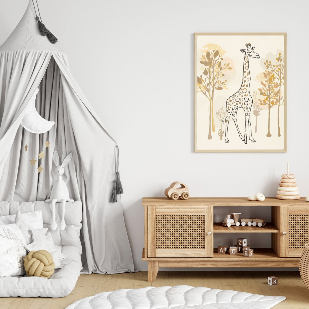 Sierlijke giraf met gouden herfstbomen canvas schilderij in naturel houten lijst aan witte muur boven houten commode met hemelbed in warme babykamer — tijdloze wanddecoratie
