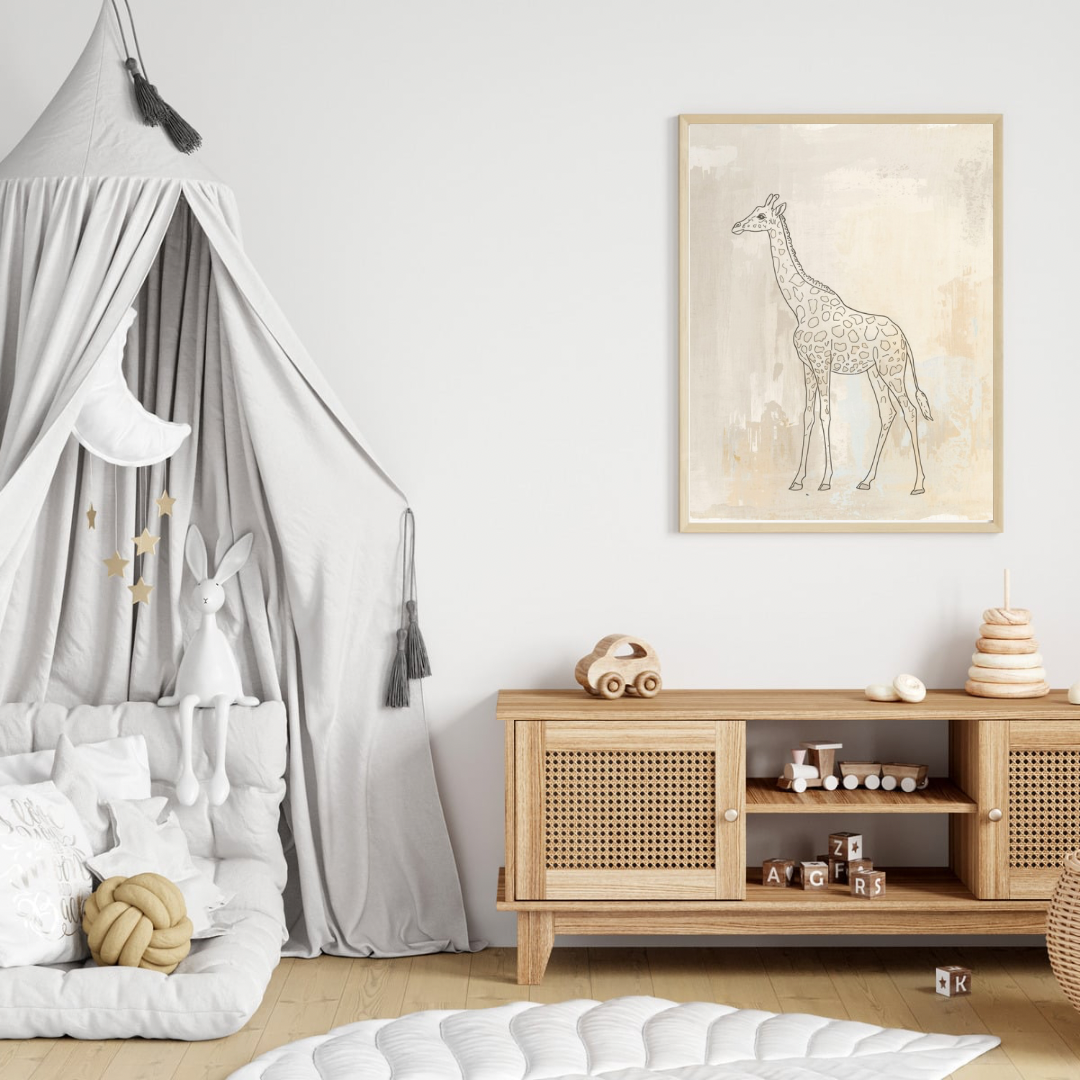 Minimalistisch giraf canvas schilderij in naturel houten lijst aan witte muur boven houten commode met hemelbed in lichte babykamer — tijdloze wanddecoratie
