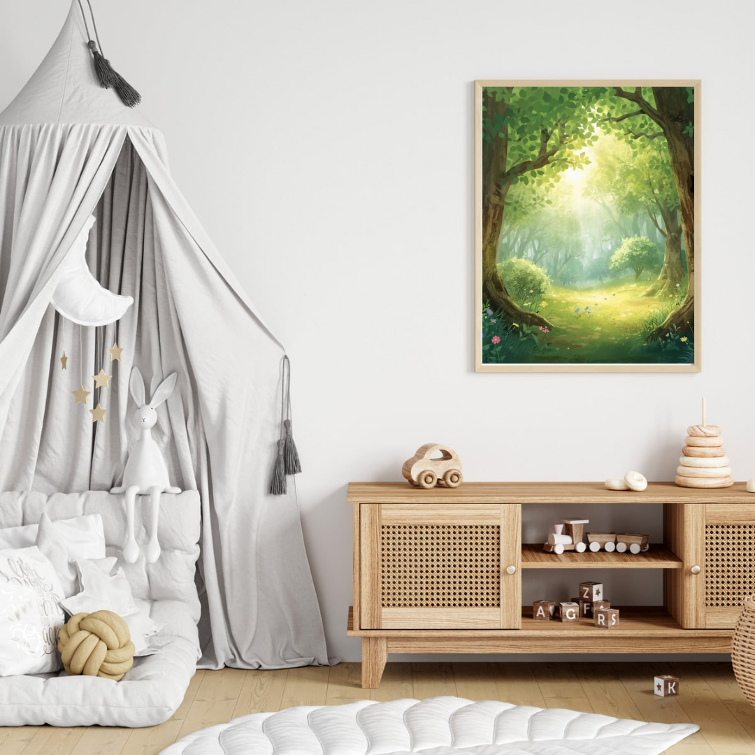 Betoverend bospad canvas schilderij in donkere lijst aan witte muur boven houten commode met hemelbed in lichte babykamer — magische wanddecoratie
