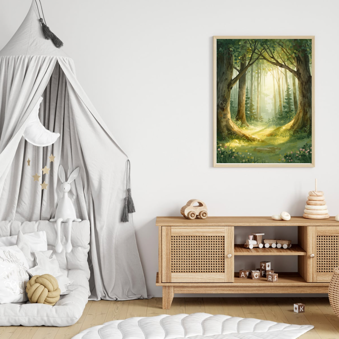 Magisch bospad canvas schilderij in donkere lijst aan witte muur boven houten commode met hemelbed in lichte babykamer — sprookjesachtige wanddecoratie
