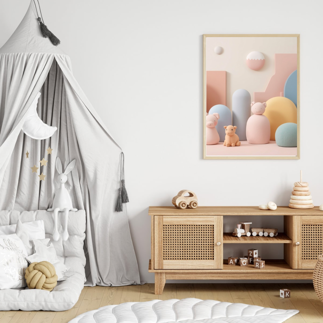 Speels 3D pastel speelgoed canvas schilderij in lichte lijst aan witte muur boven houten commode met hemelbed in moderne babykamer — kleurrijke wanddecoratie

