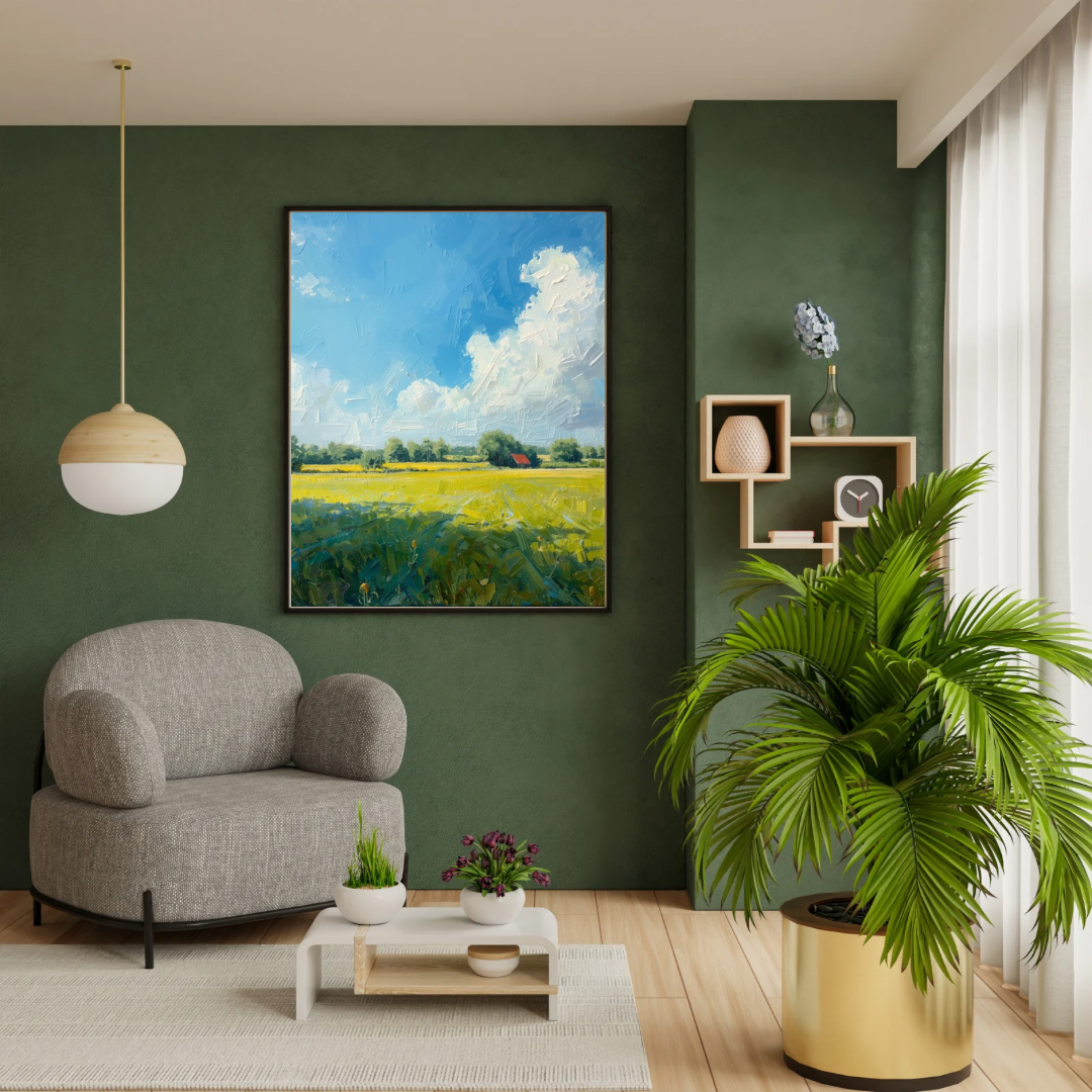 Zwolle polderlandschap canvas schilderij in donkere lijst aan groene muur naast fauteuil in moderne woonkamer — tijdloze wanddecoratie

